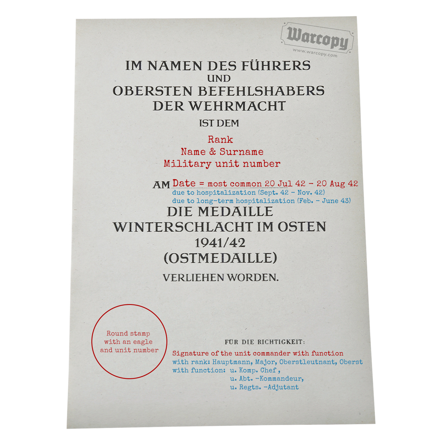 Ostmedaille how to fill badge certificate